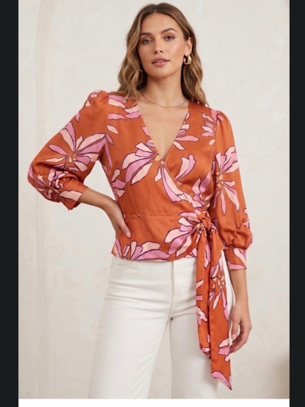 NWT Crosby by Mollie Burch wrap blouse. Orange   Abstract floral Medium